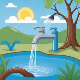 Create a vivid, cartoon-style image that represents the concept of water conservation. Include details such as a cartoon character turning off a dripping faucet, a water recycling process and a thriving nature scene as a result.