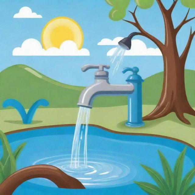 Create a vivid, cartoon-style image that represents the concept of water conservation. Include details such as a cartoon character turning off a dripping faucet, a water recycling process and a thriving nature scene as a result.