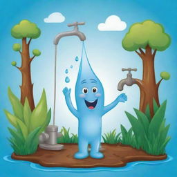 Create a vivid, cartoon-style image that represents the concept of water conservation. Include details such as a cartoon character turning off a dripping faucet, a water recycling process and a thriving nature scene as a result.