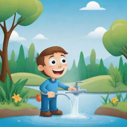 Create a vivid, cartoon-style image that represents the concept of water conservation. Include details such as a cartoon character turning off a dripping faucet, a water recycling process and a thriving nature scene as a result.