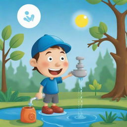 Create a vivid, cartoon-style image that represents the concept of water conservation. Include details such as a cartoon character turning off a dripping faucet, a water recycling process and a thriving nature scene as a result.