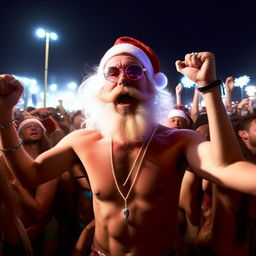 Shirtless, euphoric Santa, his white hair and beard glowing in the ambient light, in the center of a pulsating crowd at Coachella. At the moment the bass drops, he's fist-pumping, his glowstick necklace creating vibrant light trails in the night.