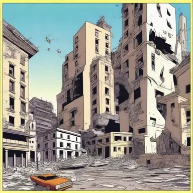 In the cartoon, the convulsion of the Earth caused all the buildings to shake and collapse.