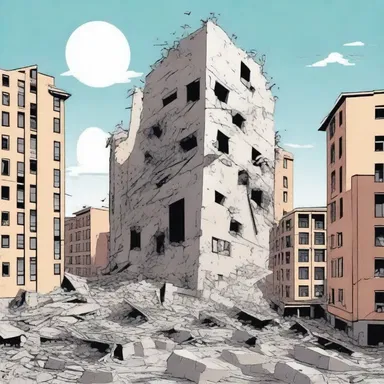 In the cartoon, the convulsion of the Earth caused all the buildings to shake and collapse.