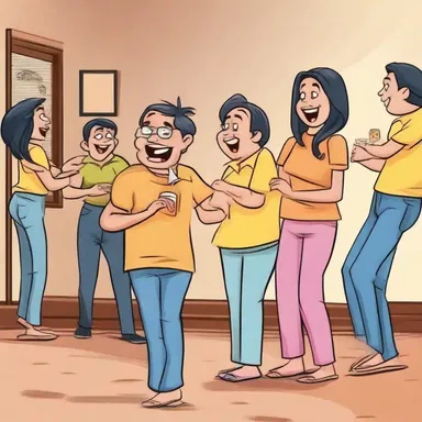 The mischievous character's prank caused such a convulsion of laughter that everyone in the room erupted into fits of giggles.
