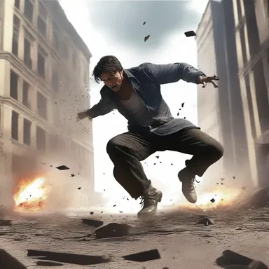In the thrilling battle scene, the protagonist unleashed his special power, causing convulsions in the ground, toppling buildings around him.