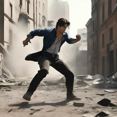 In the thrilling battle scene, the protagonist unleashed his special power, causing convulsions in the ground, toppling buildings around him.