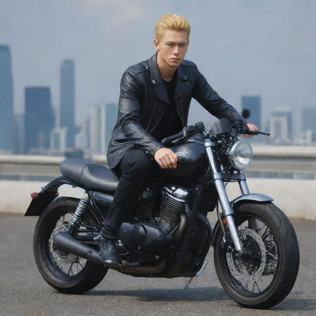 A detailed image of Baji Keisuke, a character from Tokyo Revengers, sitting on a sleek motorcycle in a casual pose. The bike is parked on an empty road, the city skyline in the background.