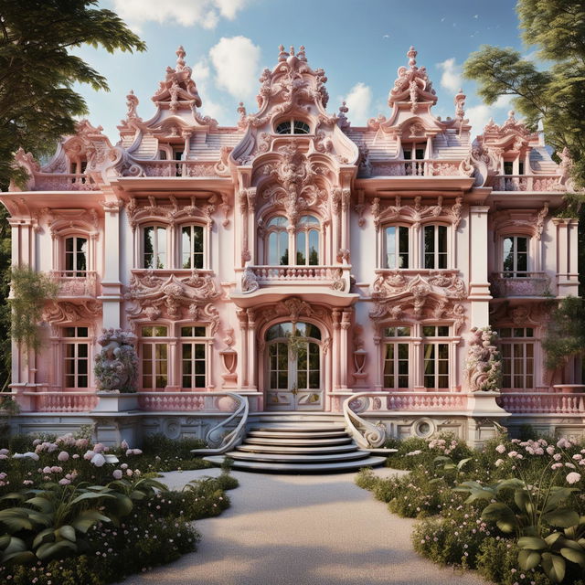 A grand exterior view of the Rococo-style house, bathed in natural light, with white and pink hues, ornate architectural details, lush gardens, and large windows draped with pink silk curtains.