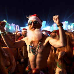 Shirtless, euphoric Santa, his white hair and beard glowing in the ambient light, in the center of a pulsating crowd at Coachella. At the moment the bass drops, he's fist-pumping, his glowstick necklace creating vibrant light trails in the night.