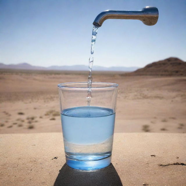 A powerful illustration emphasizing water conservation, showing a half-full glass of water being saved from a dripping faucet, with a parched desert landscape in the background.