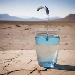 A powerful illustration emphasizing water conservation, showing a half-full glass of water being saved from a dripping faucet, with a parched desert landscape in the background.