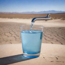 A powerful illustration emphasizing water conservation, showing a half-full glass of water being saved from a dripping faucet, with a parched desert landscape in the background.