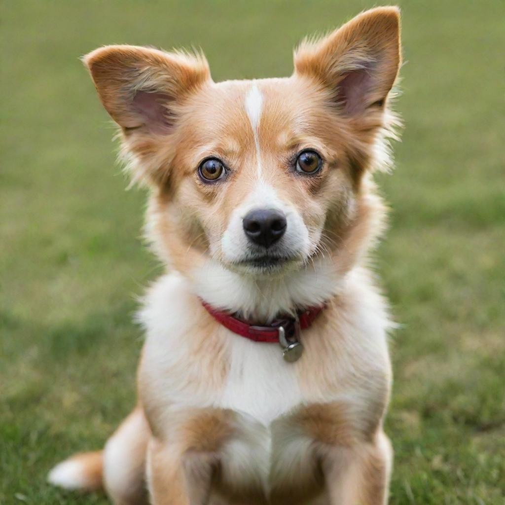 A cute, cuddly dog with bright eyes and a shiny coat, playfully wagging its tail.