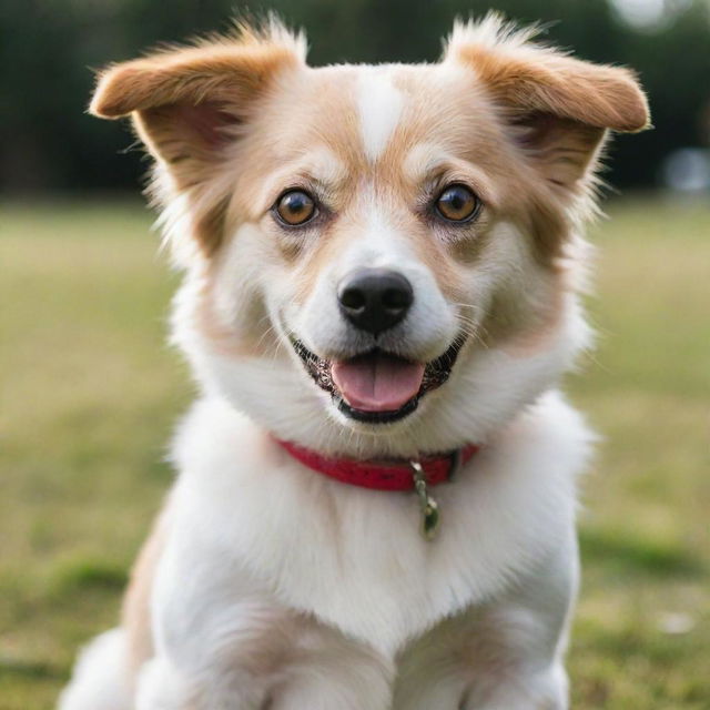 A cute, cuddly dog with bright eyes and a shiny coat, playfully wagging its tail.