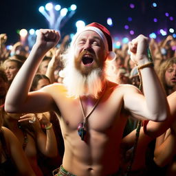 Shirtless, euphoric Santa, his white hair and beard glowing in the ambient light, in the center of a pulsating crowd at Coachella. At the moment the bass drops, he's fist-pumping, his glowstick necklace creating vibrant light trails in the night.