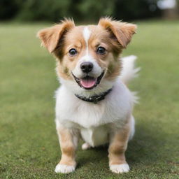 A cute, cuddly dog with bright eyes and a shiny coat, playfully wagging its tail.