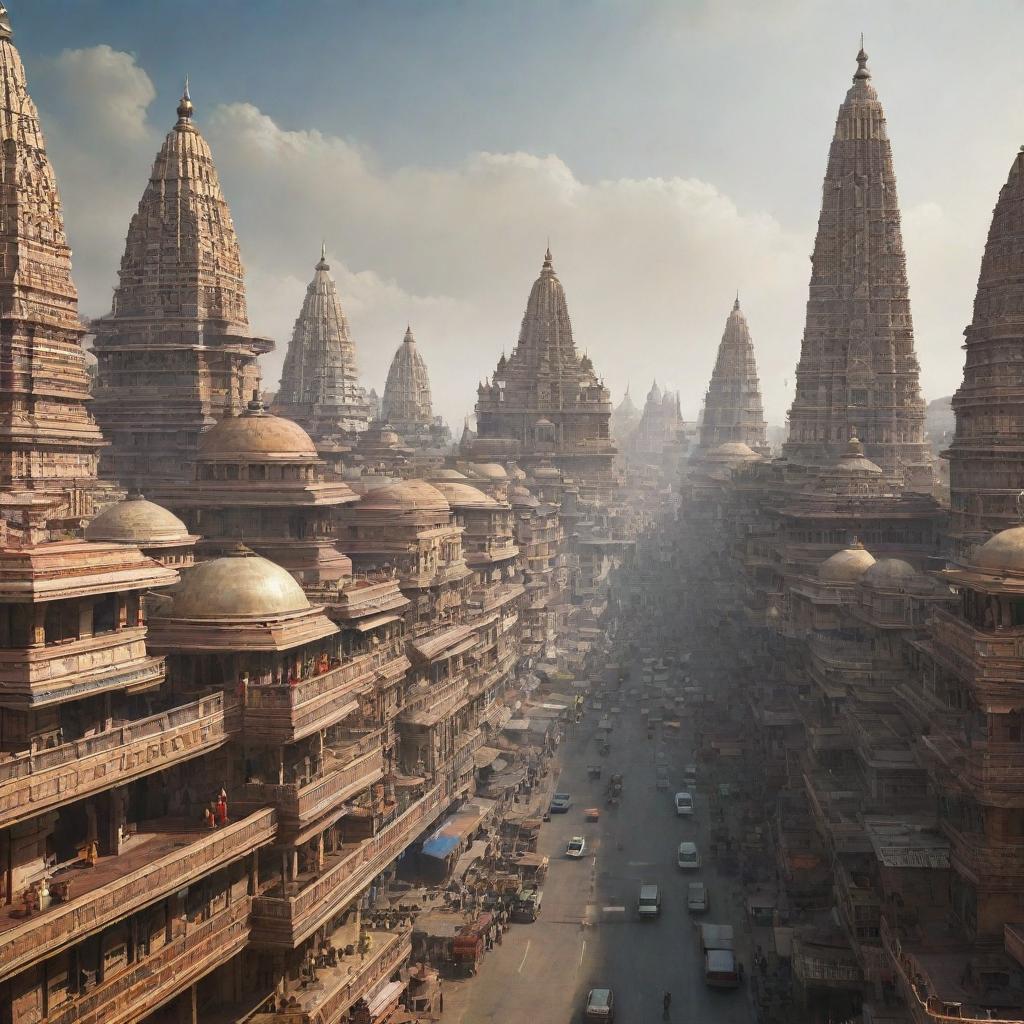 Futuristic cityscape of India in the year 5089 with a mix of traditional Indian culture and advanced technology.