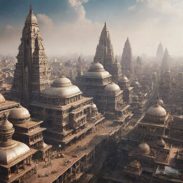 Futuristic cityscape of India in the year 5089 with a mix of traditional Indian culture and advanced technology.