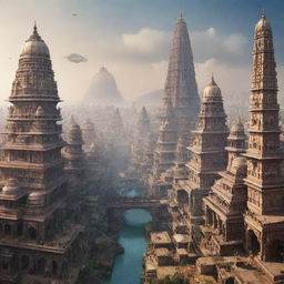 Futuristic cityscape of India in the year 5089 with a mix of traditional Indian culture and advanced technology.