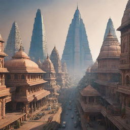 Futuristic cityscape of India in the year 5089 with a mix of traditional Indian culture and advanced technology.