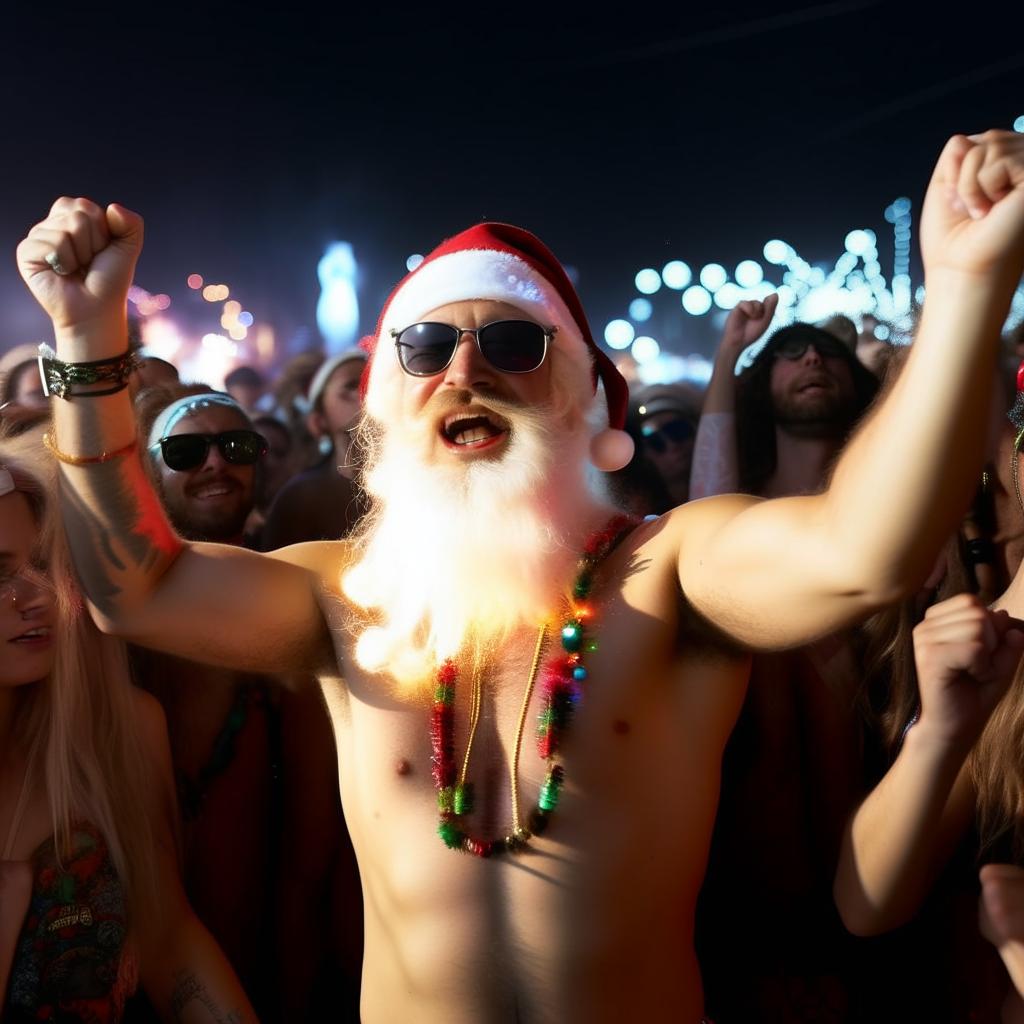 Shirtless, euphoric Santa, his white hair and beard glowing in the ambient light, in the center of a pulsating crowd at Coachella. At the moment the bass drops, he's fist-pumping, his glowstick necklace creating vibrant light trails in the night.