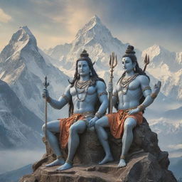 Intricately detailed image of Lord Shiva and Lord Ram having a divine conversation against the backdrop of the ethereal Himalayas with an undertone of spiritualistic peace and tranquility.