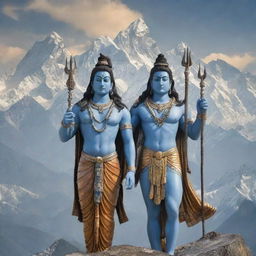 Intricately detailed image of Lord Shiva and Lord Ram having a divine conversation against the backdrop of the ethereal Himalayas with an undertone of spiritualistic peace and tranquility.