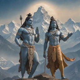 Intricately detailed image of Lord Shiva and Lord Ram having a divine conversation against the backdrop of the ethereal Himalayas with an undertone of spiritualistic peace and tranquility.