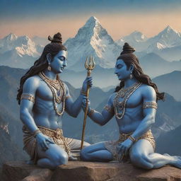 Intricately detailed image of Lord Shiva and Lord Ram having a divine conversation against the backdrop of the ethereal Himalayas with an undertone of spiritualistic peace and tranquility.