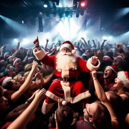 Santa Claus energetically moshing in a packed concert pit, surrounded by excited concertgoers, with vibrant stage lights & roar of music in the background.