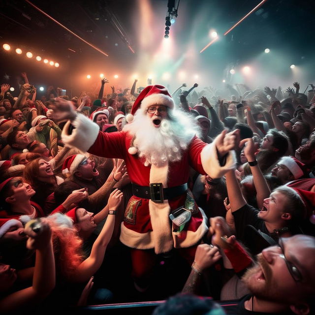 Santa Claus energetically moshing in a packed concert pit, surrounded by excited concertgoers, with vibrant stage lights & roar of music in the background.