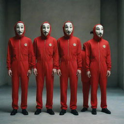 Illustration of a scene from the TV show 'Money Heist', showcasing characters in red jumpsuits with Dali masks, with a backdrop of Royal Mint of Spain.