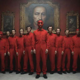 Illustration of a scene from the TV show 'Money Heist', showcasing characters in red jumpsuits with Dali masks, with a backdrop of Royal Mint of Spain.