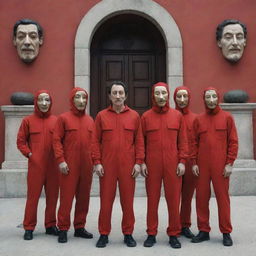 Illustration of a scene from the TV show 'Money Heist', showcasing characters in red jumpsuits with Dali masks, with a backdrop of Royal Mint of Spain.