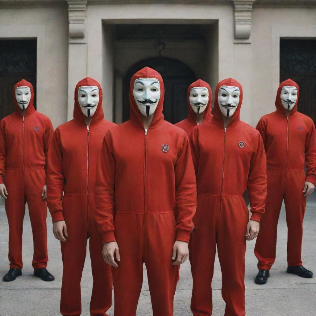 Illustration of a scene from the TV show 'Money Heist', showcasing characters in red jumpsuits with Dali masks, with a backdrop of Royal Mint of Spain.