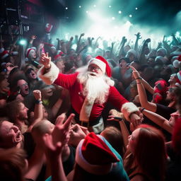 Santa Claus energetically moshing in a packed concert pit, surrounded by excited concertgoers, with vibrant stage lights & roar of music in the background.