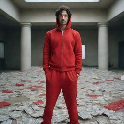 Berlin, a character from the show Money Heist, standing confidently in an abandoned bank, surrounded by scattered piles of cash and wearing a red jumpsuit with a Dali mask hanging around his neck.