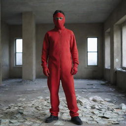 Berlin, a character from the show Money Heist, standing confidently in an abandoned bank, surrounded by scattered piles of cash and wearing a red jumpsuit with a Dali mask hanging around his neck.