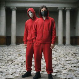 Berlin, a character from the show Money Heist, standing confidently in an abandoned bank, surrounded by scattered piles of cash and wearing a red jumpsuit with a Dali mask hanging around his neck.