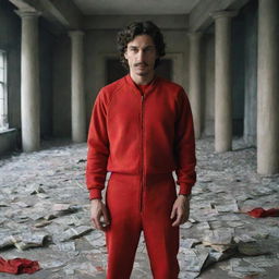 Berlin, a character from the show Money Heist, standing confidently in an abandoned bank, surrounded by scattered piles of cash and wearing a red jumpsuit with a Dali mask hanging around his neck.