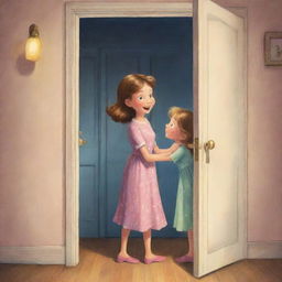 A whimsical cartoon depiction of a girl opening a door to reveal her loving mother, bathed in the soft, comforting light of the evening.