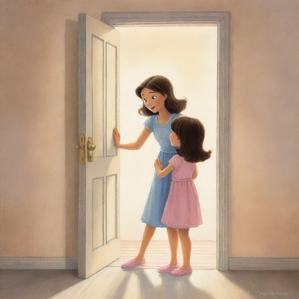 A whimsical cartoon depiction of a girl opening a door to reveal her loving mother, bathed in the soft, comforting light of the evening.