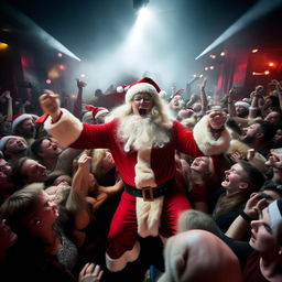 Santa Claus energetically moshing in a packed concert pit, surrounded by excited concertgoers, with vibrant stage lights & roar of music in the background.