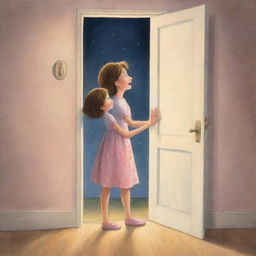 A whimsical cartoon depiction of a girl opening a door to reveal her loving mother, bathed in the soft, comforting light of the evening.