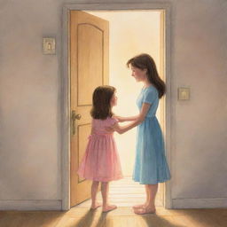 A whimsical cartoon depiction of a girl opening a door to reveal her loving mother, bathed in the soft, comforting light of the evening.