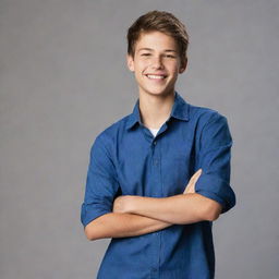 A handsome, youthful male teenager with stylish attire and a confident smile, standing against a background of his choice.