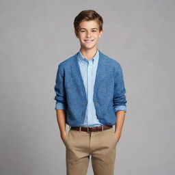 A handsome, youthful male teenager with stylish attire and a confident smile, standing against a background of his choice.