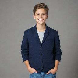 A handsome, youthful male teenager with stylish attire and a confident smile, standing against a background of his choice.