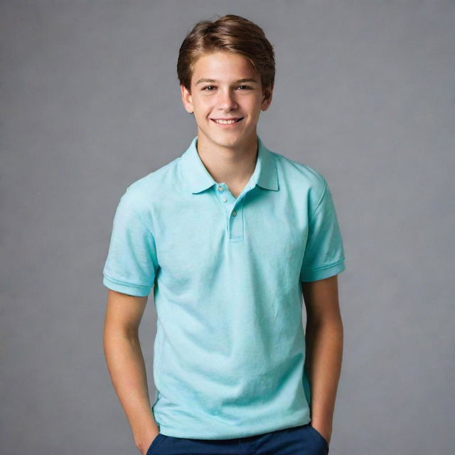 A handsome, youthful male teenager with stylish attire and a confident smile, standing against a background of his choice.